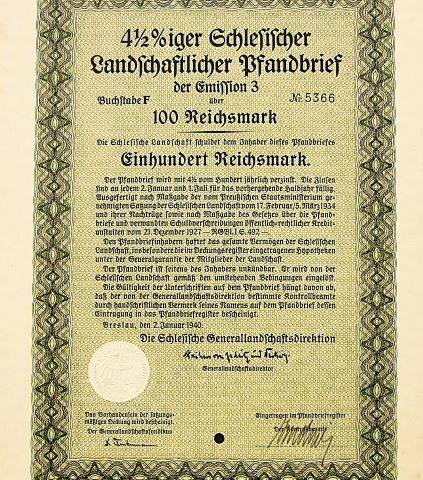 Landschaftlicher Pfandbrief 100 Reichsmark 1940 Breslau