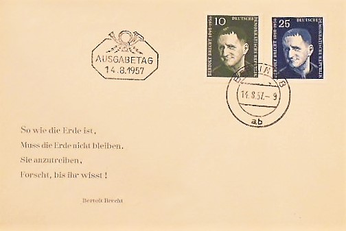 Bertold Brecht Briefmarken Ausgabetag 1957 Berlin DDR