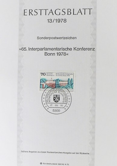 Ersttagsblatt 13.1978 65. Interparlamentarische Konferenz Bonn 1978 70 Pfennig Briefmarke BRD german stamp