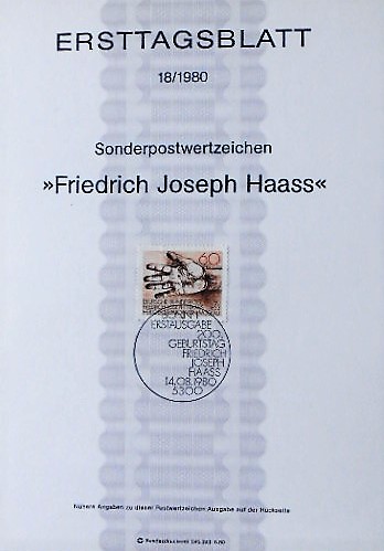 Ersttagsblatt 18.1980 60 Pfennig Friedrich Joseph Haass Briefmarke BRD german stamp