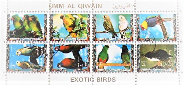 Exotic birds mini stamps sheet UAE Umm Al Qiwain Briefmarken