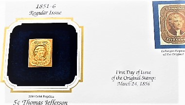 5 c Thomas Jefferson stamp 22 kt Gold Replica