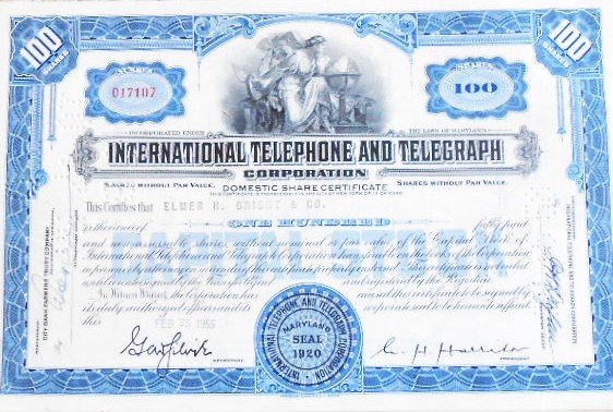 International Telephone and Telegraph Corporation Domestic Share Certificate