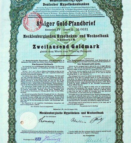 Gold Pfandbrief 2000 Goldmark Mecklenburg 1926