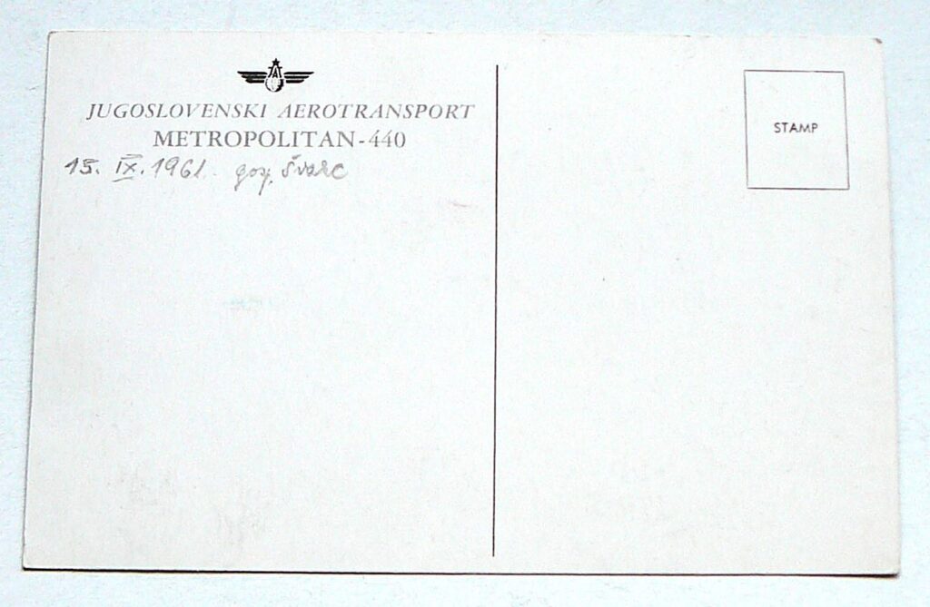 Jugoslovenski Aerotransport Metropolitan 440 postcard 