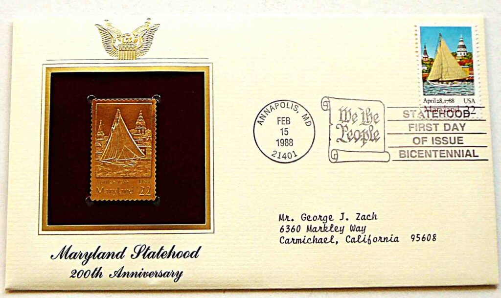 Maryland Statehood 200 th Anniversary USA gold stamp 