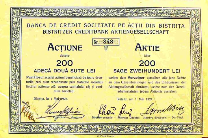 Banca Bistrita Bistritz Rumanien Aktie 200 Lei 1922