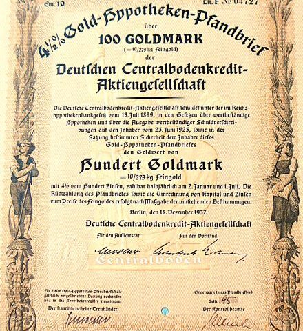 Gold Hypothekenpfandbrief 100 Goldmark 1937 Berlin