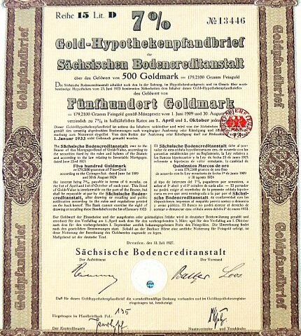 Gold-Hypothekenpfandbrief 500 Goldmark 1927 Dresden