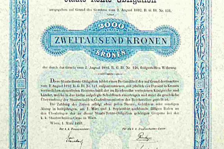 Österreichische Staats Rente Obligation Wien 1893 2000 Kronen