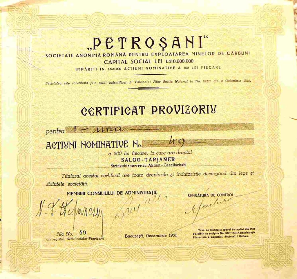 Petrosani Actiuni 500 Lei 1931 Certificat Provizoriv Bucuresti Romania