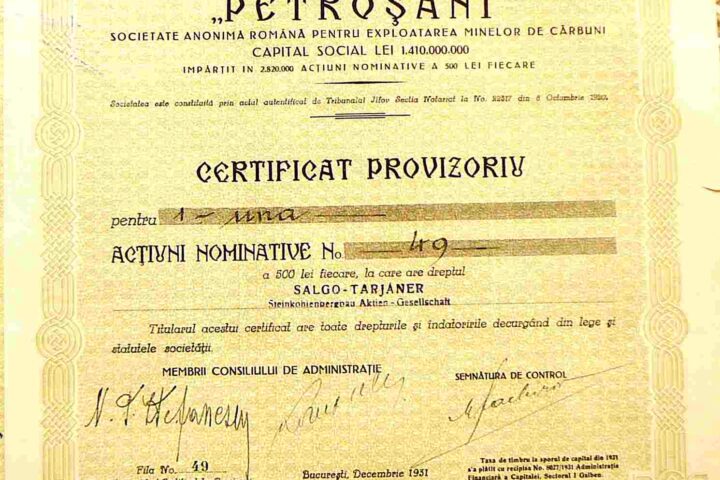 Petrosani Actiuni 500 Lei 1931 Certificat Provizoriv Bucuresti Romania