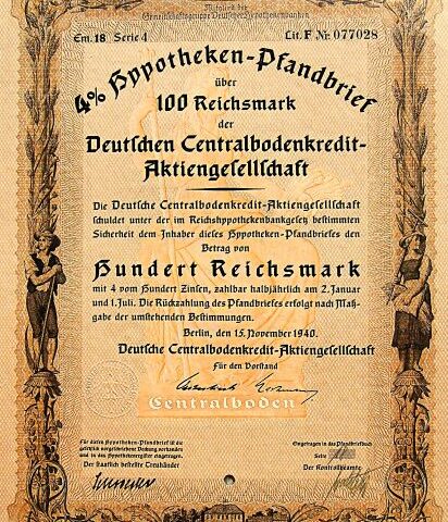 100 Hundert Reichsmark Hypotheken Pfandbrief Berlin 1940