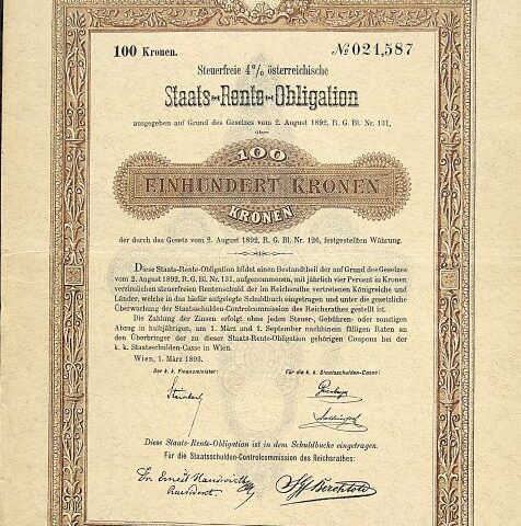 100 Kronen Staats Rente Obligation Wien 1893