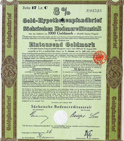 Gold-Hypothekenpfandbrief 1000 Goldmark 1928 Dresden