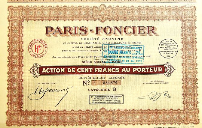 Paris Foncier Action Cent Francs 1925 France share