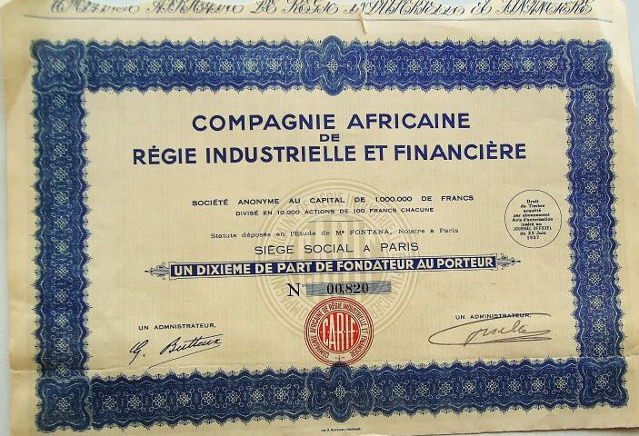 Compagnie Africaine De Régie Industrielle Et Financiére share 1927