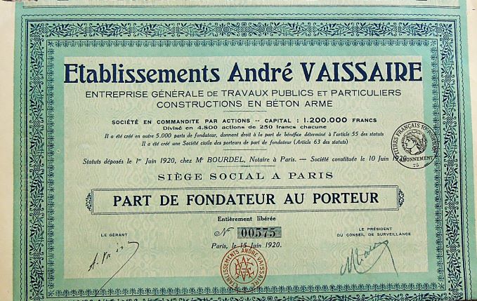 Etablissements André Vaissaire share 1920 Paris