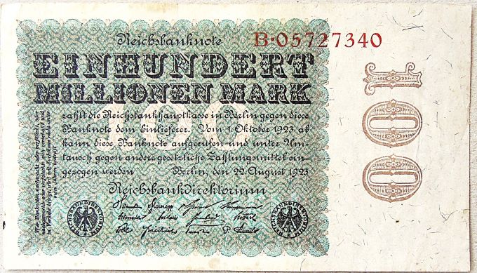 100 Einhundert Millionen Mark 1923 Reichsbanknote Berlin