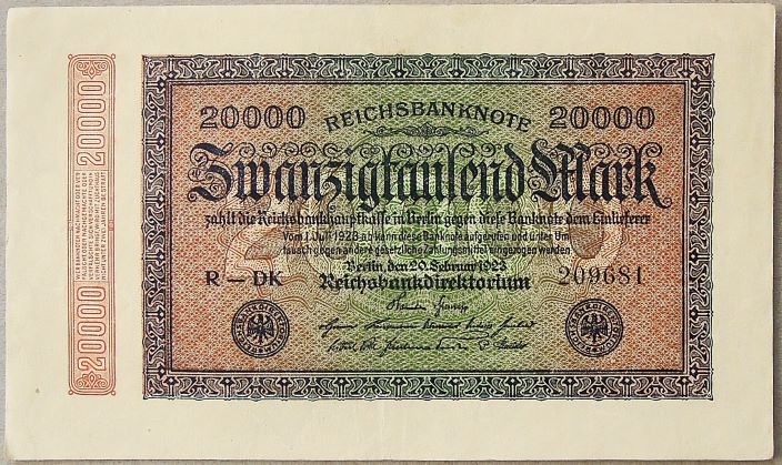 20000 Zwanzigtausend Mark Reichsbanknote Berlin 1923 banknote paper money