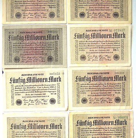 50 Fünfzig Millionen Mark Reichsbanknote 1923 Berlin 8 pcs Lot