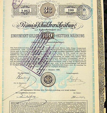 K.K. Priv. Allgem. Oesterreichische Boden Credit Anstalt Prämien Schuldverschreibung Wien 1880