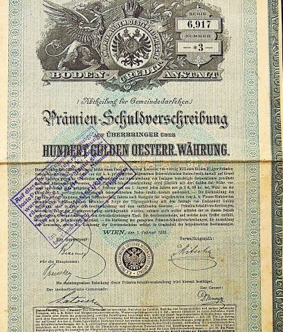 K.K. Priv. Allgem. Oesterreichische Boden Credit Anstalt Prämien Schuldverschreibung Wien 1889