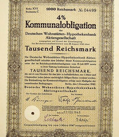 Kommunalobligation 1000 Reichsmark Berlin 1942