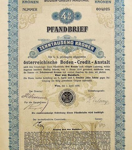 Österreichische Boden Credit Anstalt Pfandbrief 10000 Kronen Wien 1906