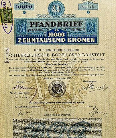 Österreichische Boden Credit Anstalt Pfandbrief 10000 Kronen Wien 1910