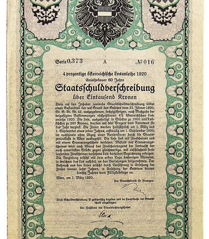 Staatsschuldverschreibung 1000 Kronen 1920 Wien
