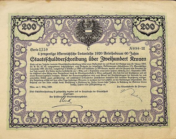 Staatsschuldverschreibung 200 Kronen 1920 Wien