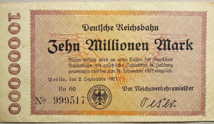 10 Zehn Millionen Mark Deutsche Reichsbahn 1923 Berlin