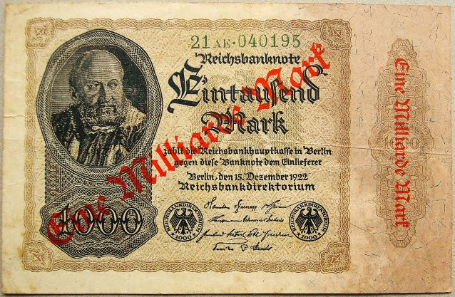 1000 EinTausend Mark Reichtsbanknote Eine Milliarde overprint 1922 Berlin Banknote