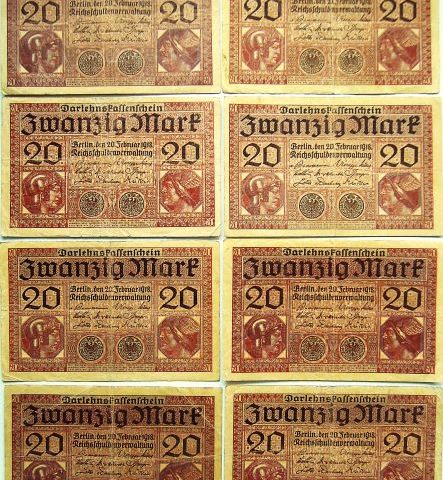 20 Zwanzig Mark Darlehnskassenschein 1918 Berlin 8 pcs LOT