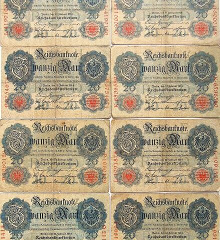 20 Zwanzig Mark Reichsbanknote Berlin 1914 Lot 8pcs