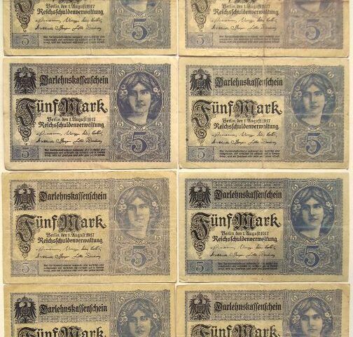 5 Fünf Mark Darlehenskassenschein 1917 8pcs Lot Berlin Germany Banknote paper money